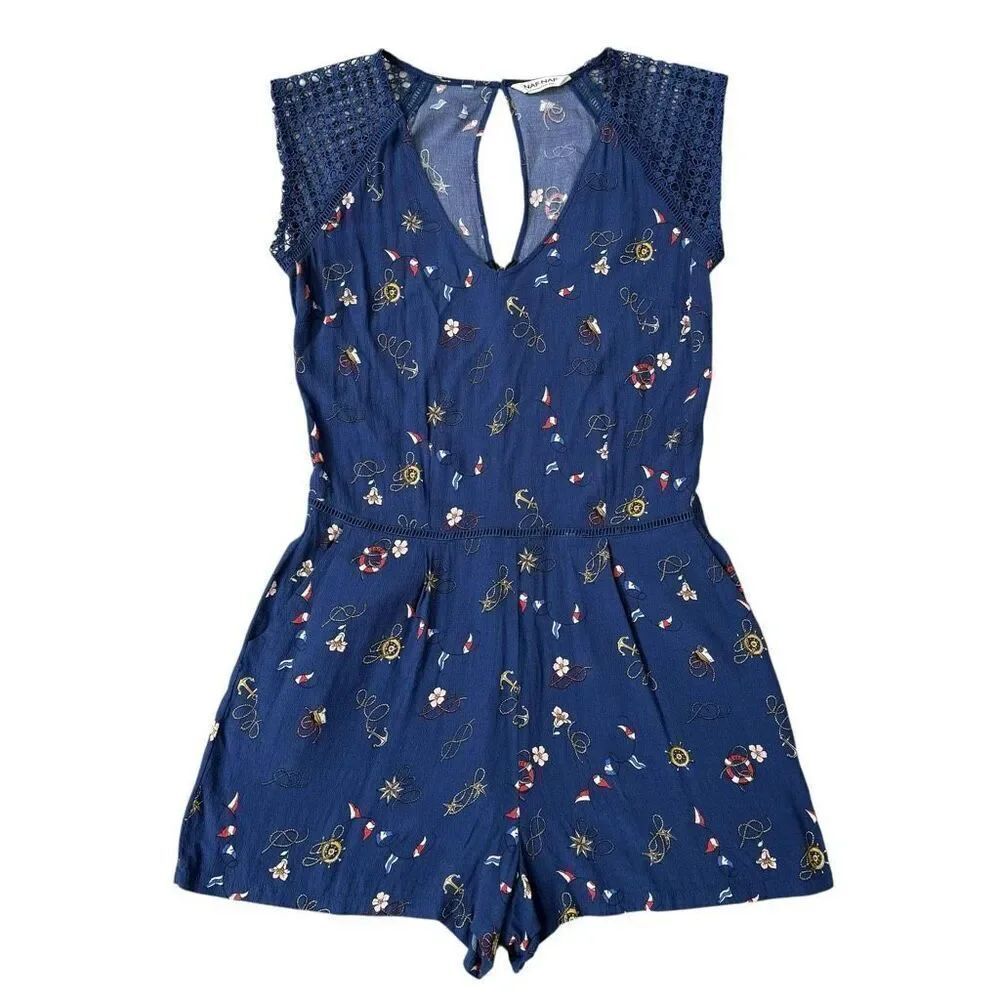 Naf Naf Navy Blue Nautical Print Romper with Crochet Lace Sleeves – Size S
